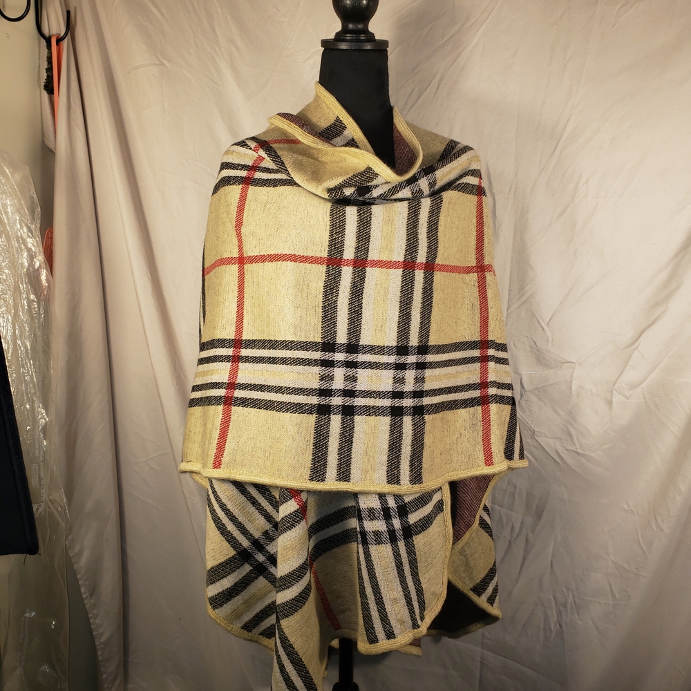 Elegant Ellie & Kate Plaid Wool Wrap in Cream, Red and Black Plaid - OS